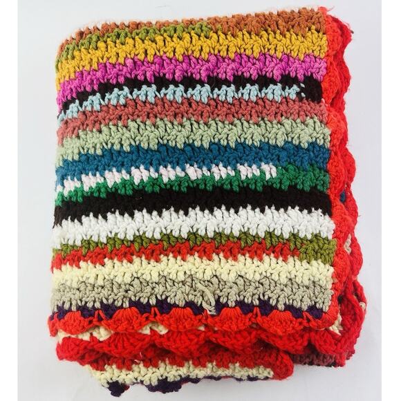 Vtg Rainbow Afghan Crochet Blanket Handmade Cottagecore Scalloped Edge Boho Prid - Picture 1 of 11